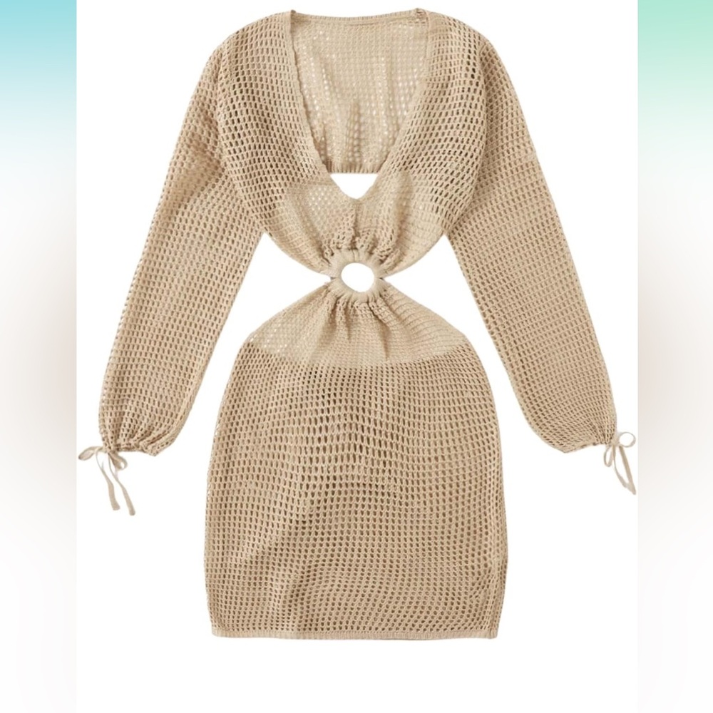 Crochet Cover Up Long Sleeve Knitted Swim Beach Cover Up Dress Swimwear
